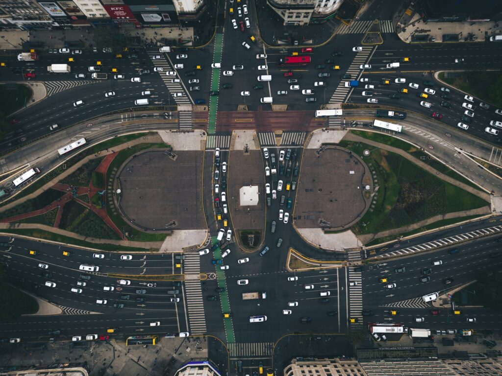 an aerial view of a busy intersection in a city
